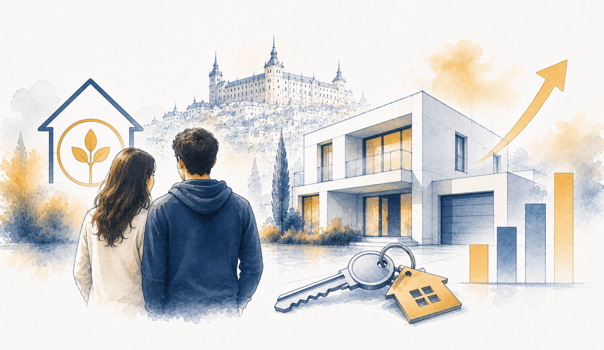 joven pareja firmando la compra de su primera vivienda en Castilla-La Mancha