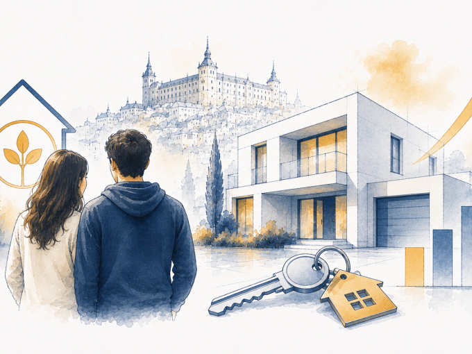 joven pareja firmando la compra de su primera vivienda en Castilla-La Mancha