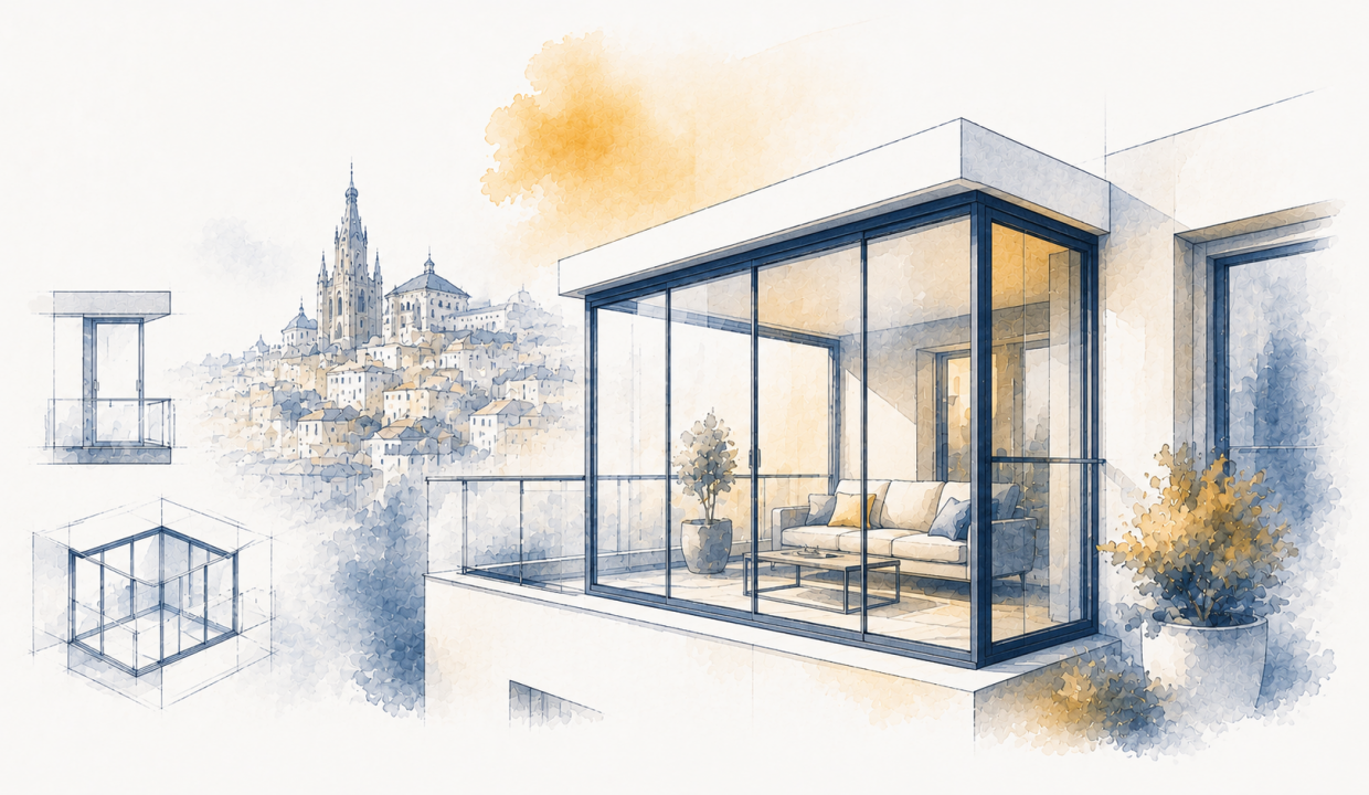 Terraza de vivienda cerrada con carpintería de aluminio y cristal en Toledo