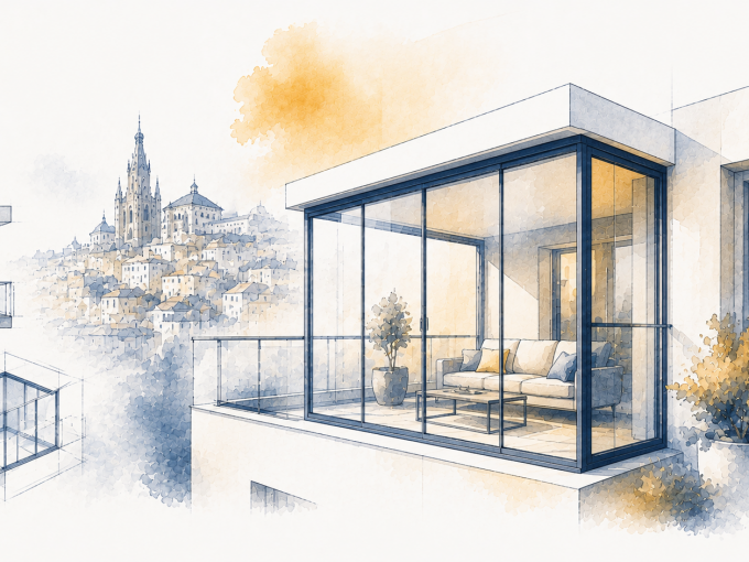 Terraza de vivienda cerrada con carpintería de aluminio y cristal en Toledo