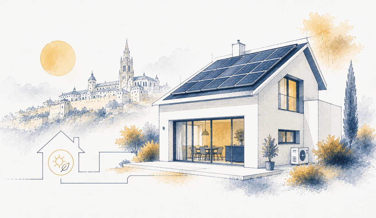 Paneles solares instalados en el tejado de una vivienda unifamiliar en Toledo