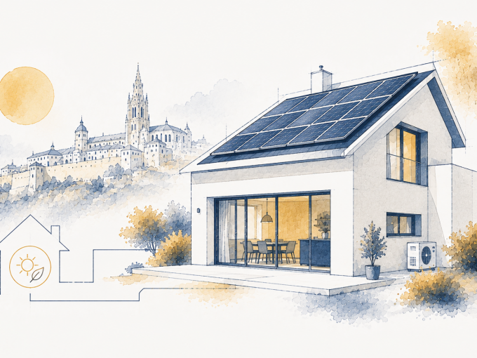 Paneles solares instalados en el tejado de una vivienda unifamiliar en Toledo